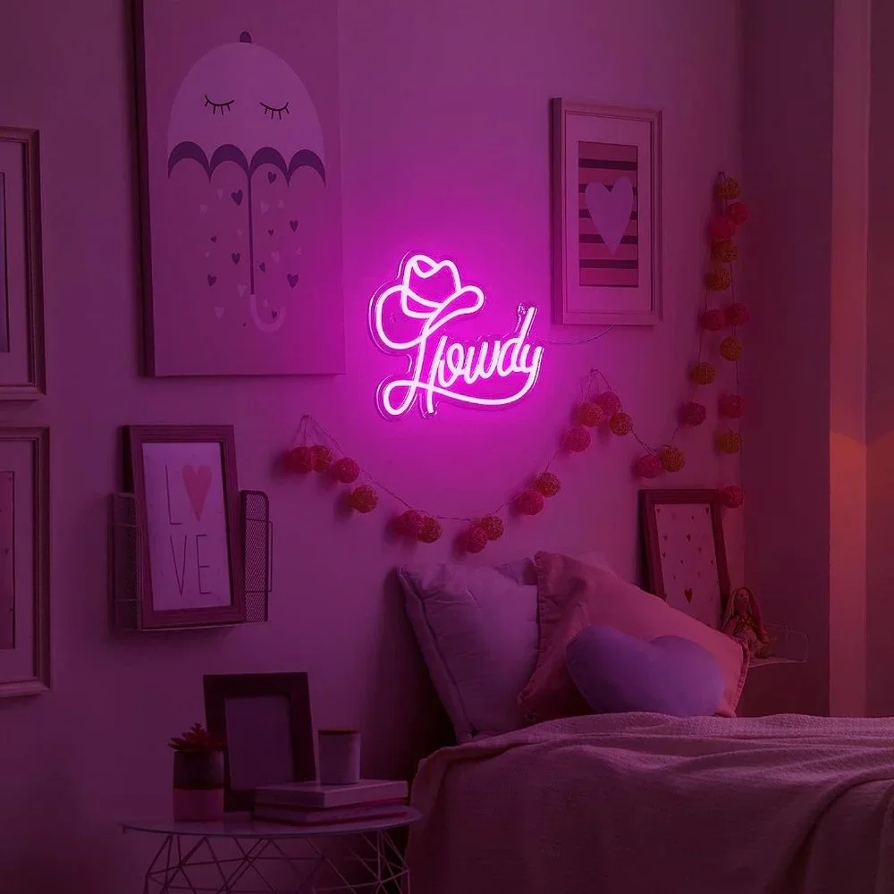 Howdy Cowboy/Cowgirl Neon Pink Sign Party Festival Southern Backyard Bedroom